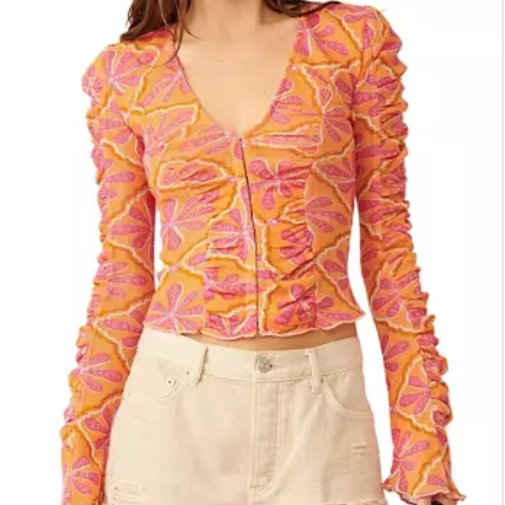 NWT Free People Through the Meadow Mesh Top Grapefruit Seltzer Size Large
